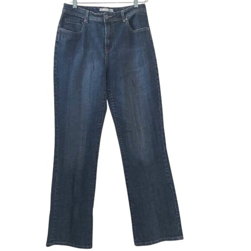 Chicos Platinum Denim Jeans Size 1 Regular Mid-Rise Bootcut Dark Wash Stretch Co